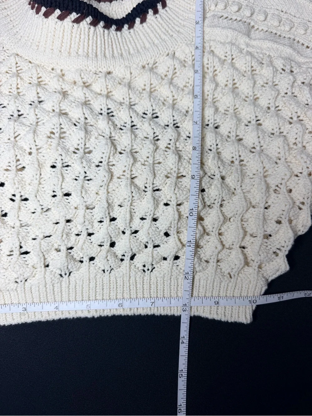 Zara Cream Open-Knit Cropped Sweater with Dark Trim